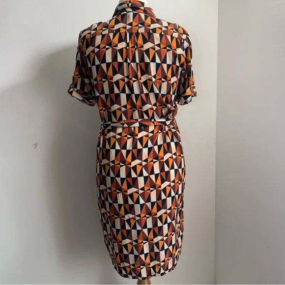 Dorothy Perkins Shirt Dress Orange Black Geometric Print Belted Rolled Sleeve 12 - Picture 9 of 13